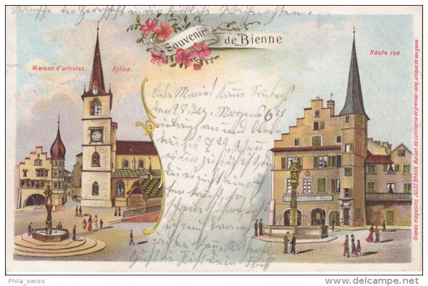 Biel Bienne, Souvenir de - farbige Litho - Eglise, Haute rue