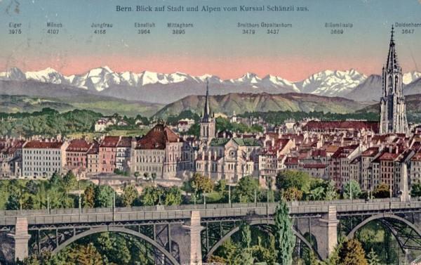 Bern, Blick auf Stadt und Alpen vom Kursaal Schänzli aus Vorderseite