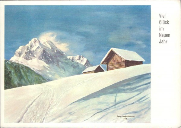 Verschneite Berge- Fussgemalt von E. Macho Vorderseite