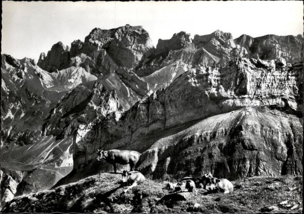 Blick von der obern Messmeralp auf Bötzel, Widderalpstöcke, Hundstein und Freiheit Vorderseite