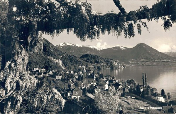 Kurort Vitznau. Glyzinen-Pergola mit Ausblick auf Vitznau, Schwalmis und Buochserhorn Vorderseite