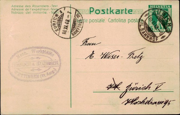 Postkarte der Firma Zehnder & Leuzinger, Wettingen, 1908 Vorderseite
