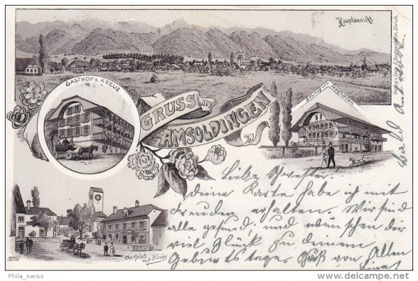 Amsoldingen, Gruss aus - braune Litho - Gasthof z. Kreuz, Dorfplatz mit Kirche, Gasthof z. Steghalte