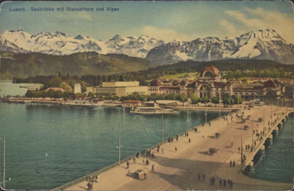 Luzern, Seebrücke mit Stanserhorn und Alpen