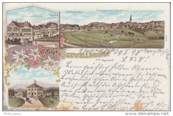 Schwellbrunn, Gruss aus - farbige Litho Gesamtansicht, Gasthaus Harmonie, Gasthaus z. Säntisblick