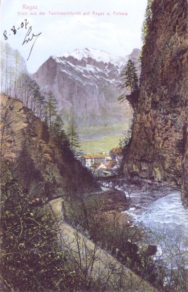 Ragaz Blick aus der Taminaschlucht auf Ragaz und Falknis. 1907