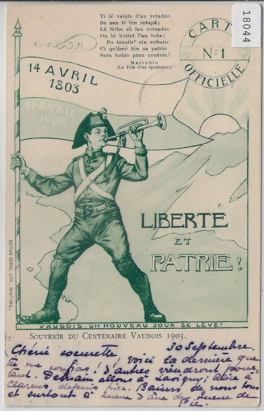 Souvenir de Centenaire Vaudois 1903 - Carte Officielle No. 1 - Liberte et Patrie!