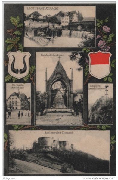 Dornachbrugg - Wappen-Karte - Amtshaus, SchlossruineDorneck, Schlachtdenkmal