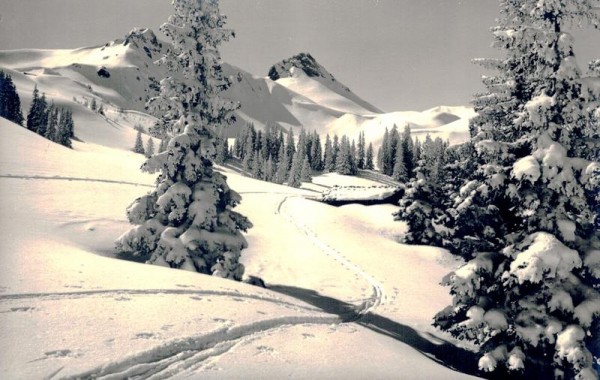 Adelboden. Winterlandschaft am Hahnenmoospass Vorderseite