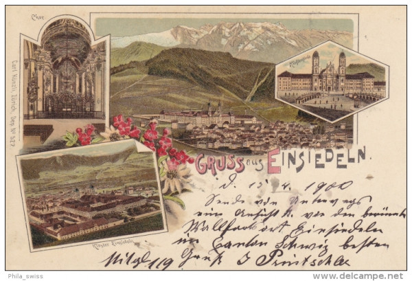Einsiedeln - farbige Litho - Chor, Kloster, Klosterkirche, Dorf