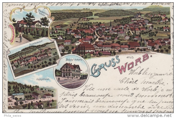 Worb, Gruss aus - Bahnhof, Enggisteinbad, Rüttihubelbad, Haushaltungs-Schule, Gesamtansicht - farbig