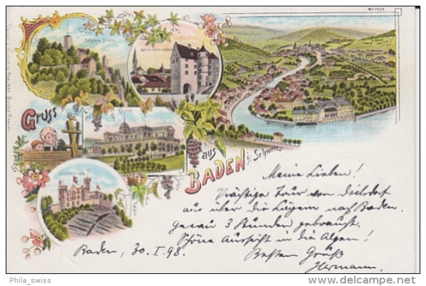 Baden i/ Schweiz, Gruss aus - farbige Litho - Schloss Stein, Landvogteischloss, Kasino, Schartenfels