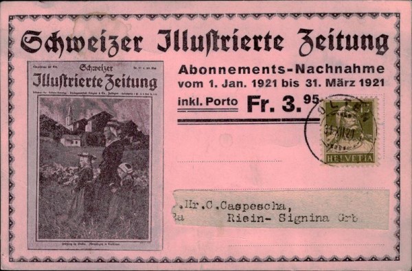 Schweizer Jllustrierte Zeitung, Abonnements-Nachnahme von 1921 Vorderseite