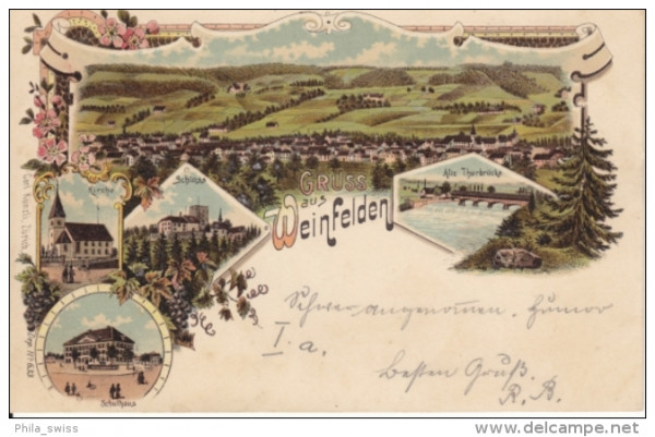 Weinfelden, Gruss aus - farbige Litho - Alte Thurbrücke, Schloss, Schulhaus, Kirche