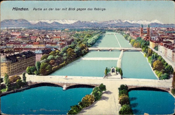 München, Partie an der Isar mit Blick gegen das Gebirge, Bayern