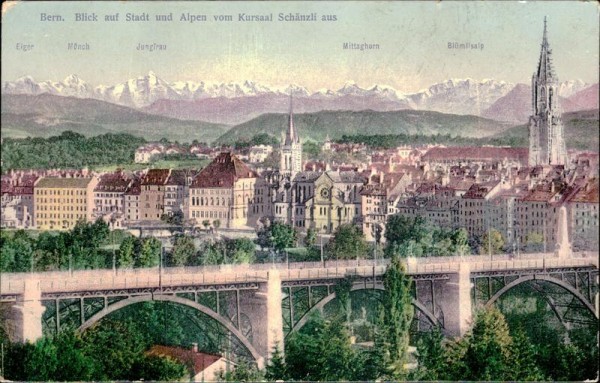 Bern - Blick auf Stadt und Alpen vom Kursaal Schänzli aus Vorderseite