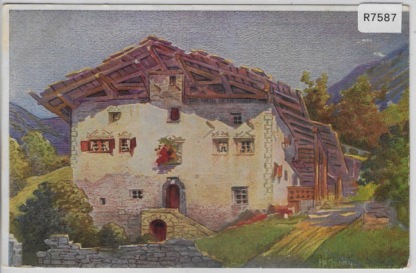 Bündner Bauernhaus in Scharans - Hans Jenny Künstlerkarte