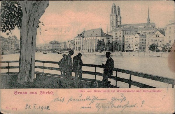 Blick vom Bauschänzli auf Wasserkirche und Grossmünster Vorderseite