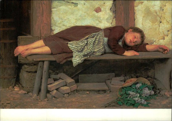 Albert Ankeer (1831-1910) Schlafendes Mädchen auf einer Holzbank. Vorderseite