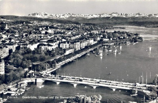 Zürich. Quaibrücke, Utoquai und die Glarneralpen. Vorderseite