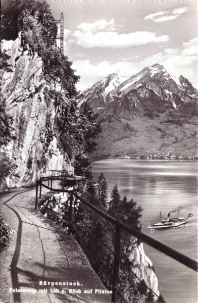 Bürgenstock. Felsenweg mit Lift und Blick auf Pilatus. 1949