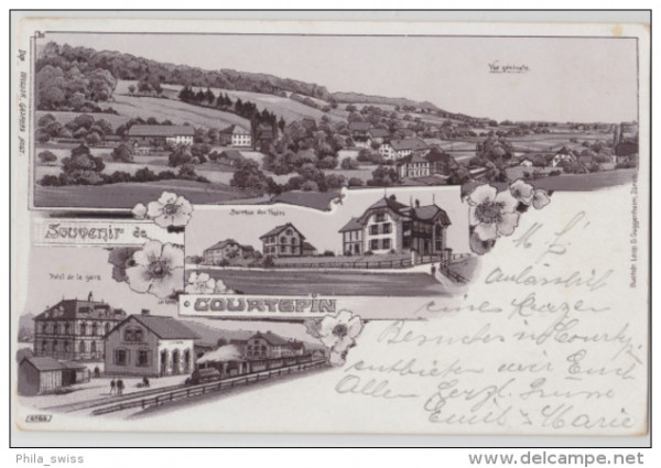 Courtepin, Souvenir de - schwarz/weiss Litho - Vue generale, Postes, Hotel de la Gare
