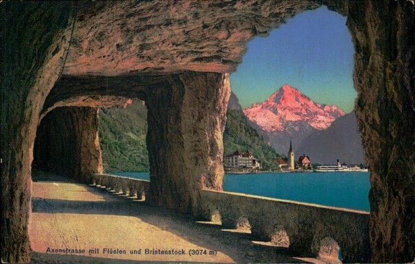 Axenstrasse mit Flüelen und Bristenstock (3074 m) Vorderseite