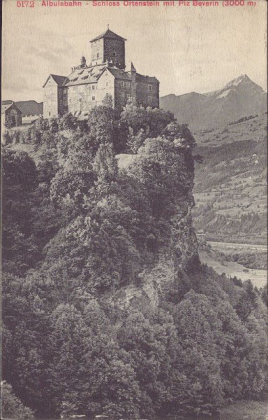 Albulabahn - Schloss Ortenstein mit Piz Beverin. 1909