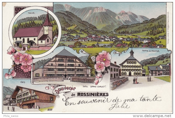 Rossinières, Souvenir de - farbige Litho - Eglise, Hotel Grand Chalet, Cafe, Village