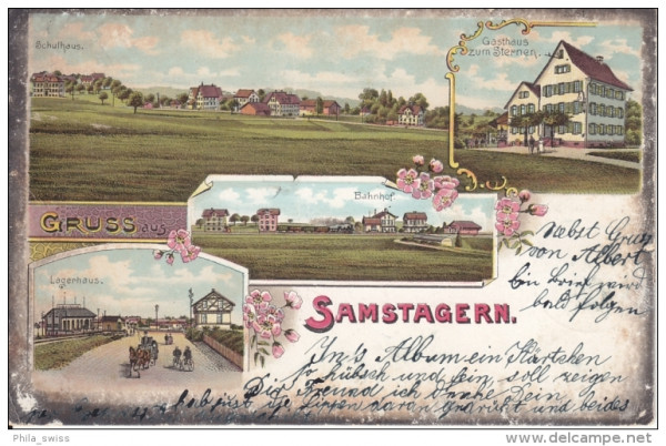 Samstagern, Gruss aus - farbige Litho - Schulhaus, Lagerhaus, Gasthaus z. Sternen, Bahnhof