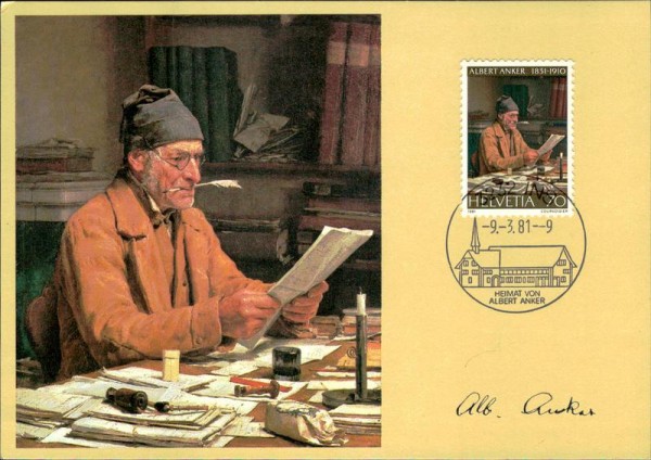 Albert Anker, Ins,  Karte mit entsprechender Briefmarke Vorderseite