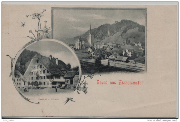 Escholzmatt, Gruss aus - Bahnhof, Gasthof zum Löwen - 2 Bild AK