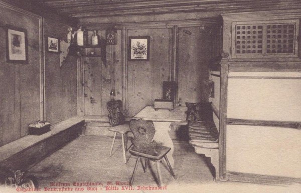 Engadiner Museum, St.Moritz, EngadinerBauernstube aus Bunz - Mitte XVII. (17.) Jahrhundert Vorderseite