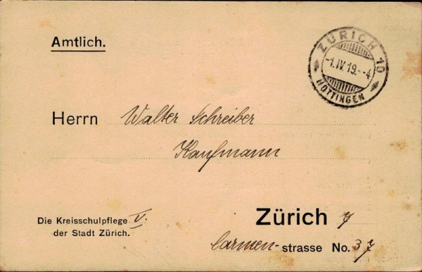 Zürich, Mitteilung der Kreisschulpflege V Vorderseite