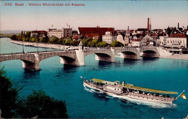 Basel, mittlere Rheinbrücke mit Kaserne Vorderseite