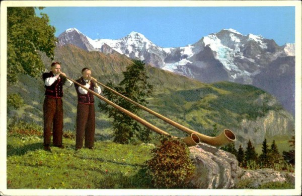 Alphornbläser mit Eiger - Mönch - Jungfrau  Vorderseite