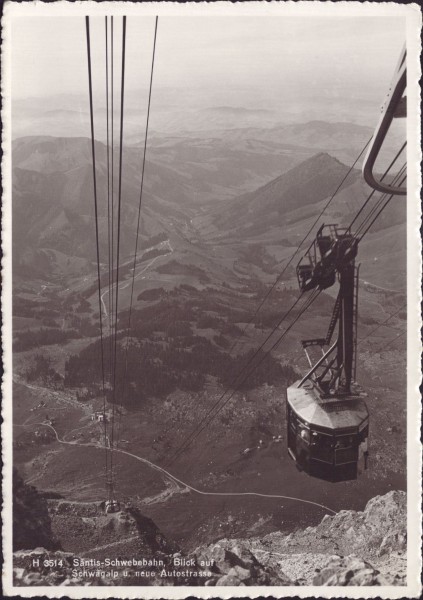 Säntis-Schwebebahn. Blick auf Schwägalp und neue Autostrasse. 1938