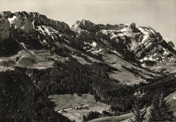 Blick auf Lehmen mit Schäfler, Läden, Altenalp-Turm, Hängeten u. Öhrli Vorderseite