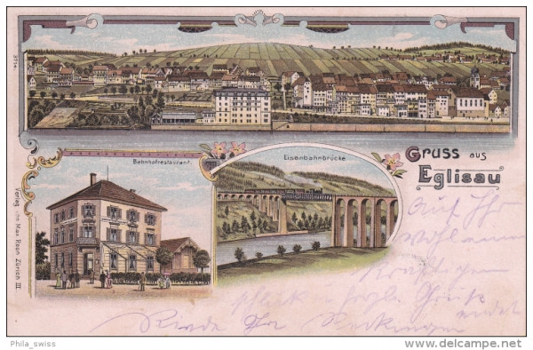 Eglisau, Gruss aus - farbige Litho - Gesamtansicht, Bahnhofrestaurant, Eisenbrücke