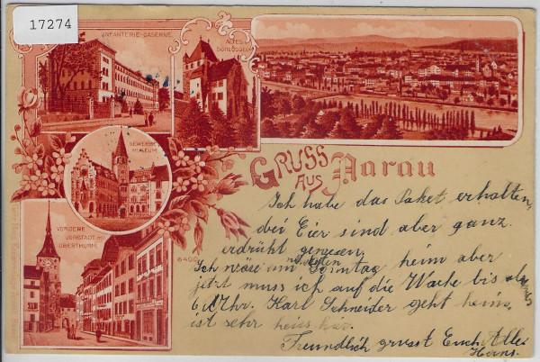 Gruss aus Aarau - orange Litho - Caserne, Schlössli, Vordere Vorstadt, Gewerbemuseum