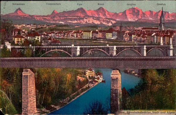 Bern. Eisenbahnbrücke, Stadt und Alpen Vorderseite