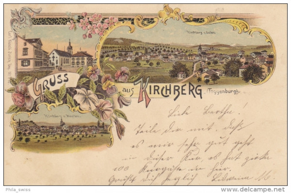 Kirchberg, Gruss aus - Toggenburg - farbige Litho - Kirchberg von Westen u. von Osten