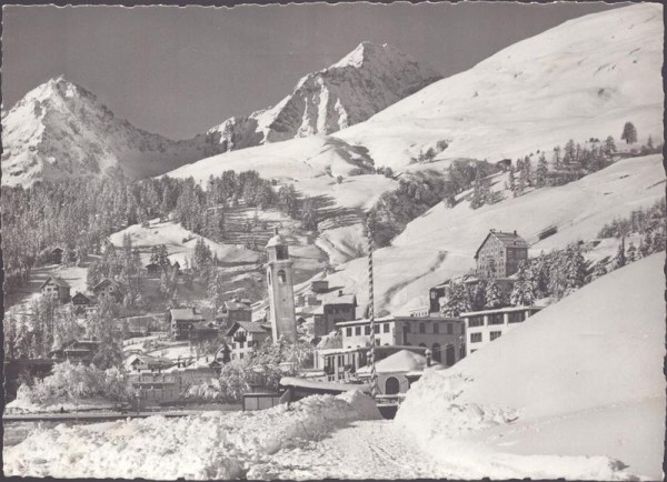 St. Moritz, der schiefe Turm mit Piz Julier und Albana Rückseite