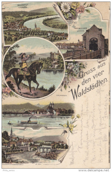 Gruss aus den vier Waldstädten - farbige Litho - Laufenburg, Säckingen, Waldshut, Rheinfelden