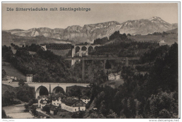 Die Sitterviadukte mit Säntisgebirge mit Dampfzug - Nr. 1 Graphit