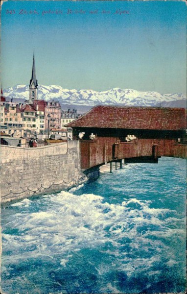 Zürich, gedeckte Brücke mit den Alpen. Vorderseite