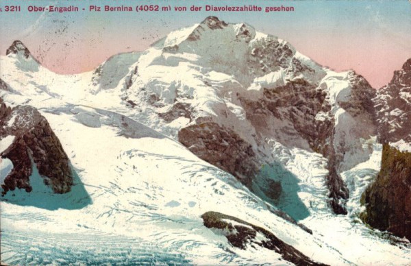 Ober-Engadin - Piz Bernine (4052m) von der Diavolezzahütte aus gesehen. 1912