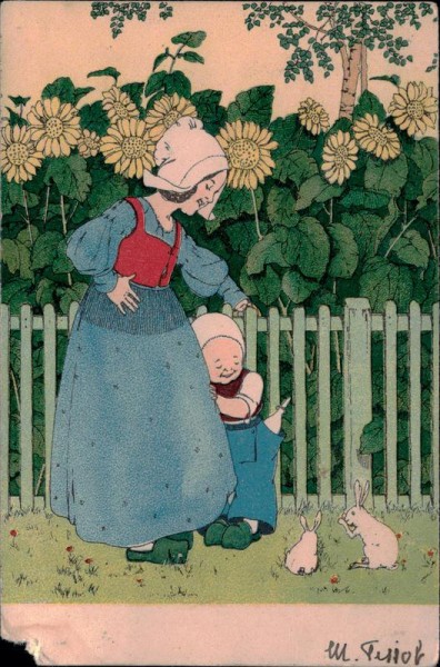 Frau, Kind, Hasen, Sonnenblumen Vorderseite
