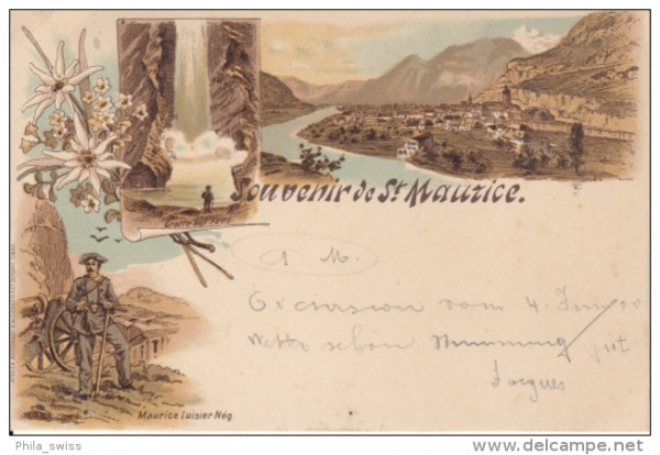 St. Maurice, Souvenir de - farbige Litho - Grotte aux Fees, Maurice Luisier Neg., Vue generale