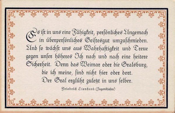 Spruchkarten von Friedrich Lienhards Werken, Jugendjahre; Es ist uns eine Fähigkeit... Vorderseite